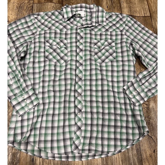 Wrangler Wrancher Pearl Snap Shirt XL Green Black White Plaid Cotton Blend - Picture 3 of 5
